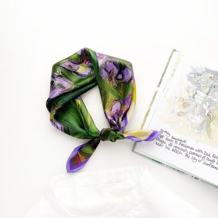 New 53cm Silk Scarf, Floral Purple Iris Handpaint Print