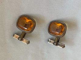 Manschettenknöpfe Metall orange Glas vintage Zustand