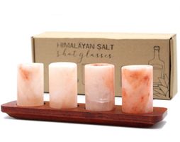4 Himalaya-Salz Schnapsgläser mit Holzbrett Geschenkset