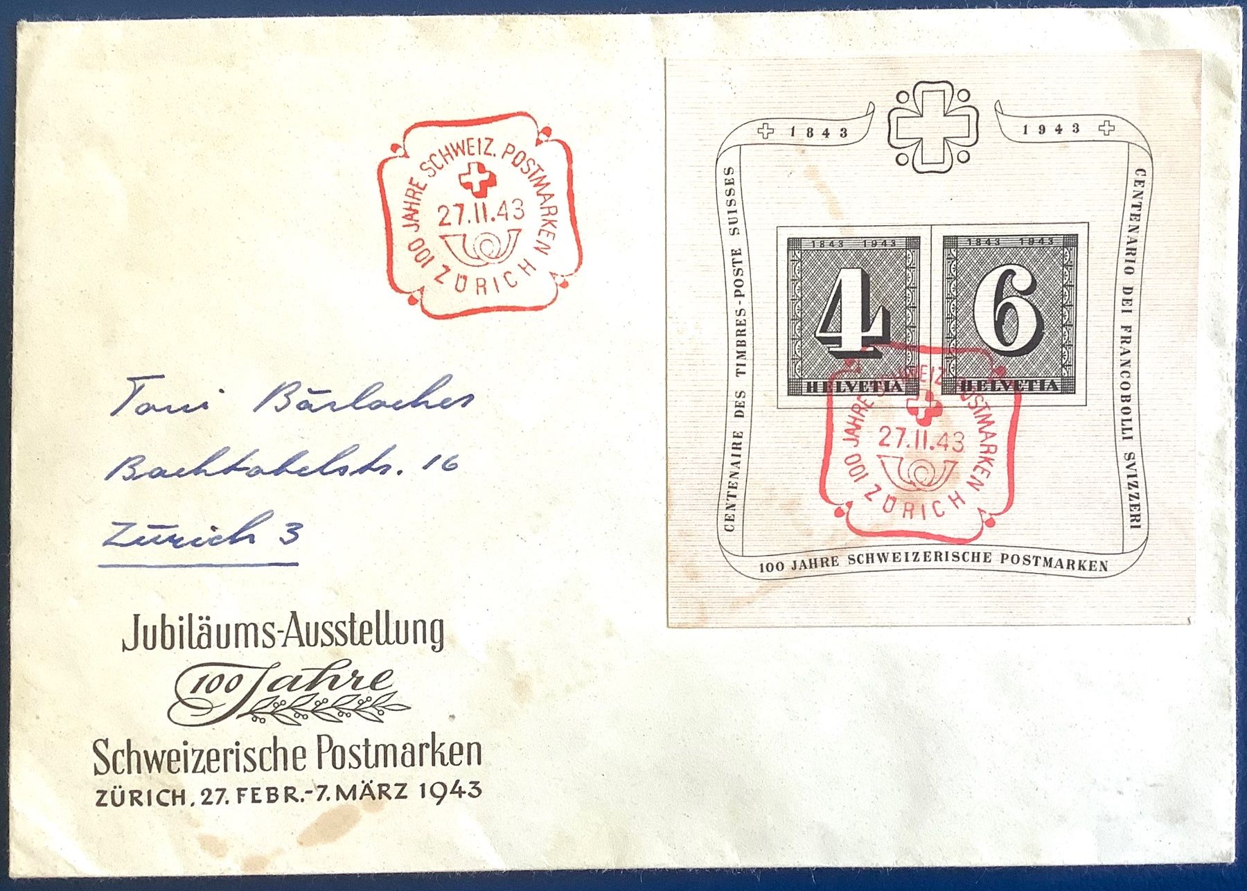 Tous les timbres: 1943 -  Jubiläums Block W14 auf Brief – D'occasion à Liestal par Skunk02