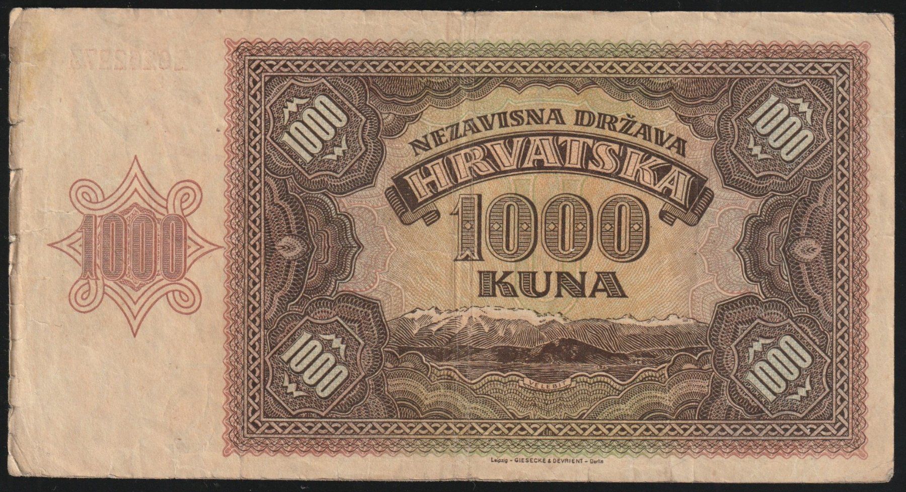 Banknoten: Kroatien 1000 Kuna 1941 – Gebraucht aus Brugg AG von banknoten_muesli 1