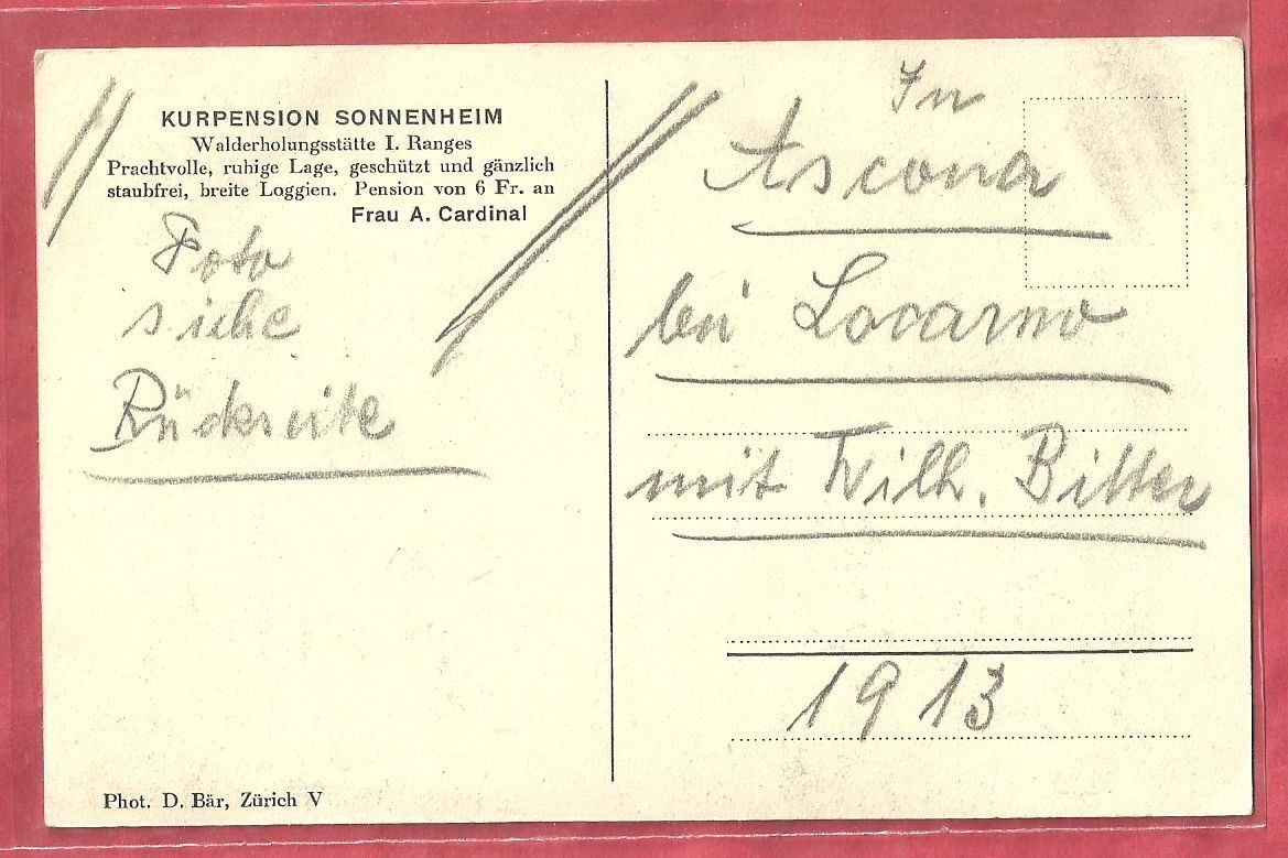 Cartoline postali: Ascona - Pension Sonnenheim - 1913 – Usato da Fislisbach venduto da Porano 1