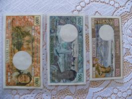 Satz Neuen Hebriden, 100, 500, 1000 Francs, 1977/1980, Unc
