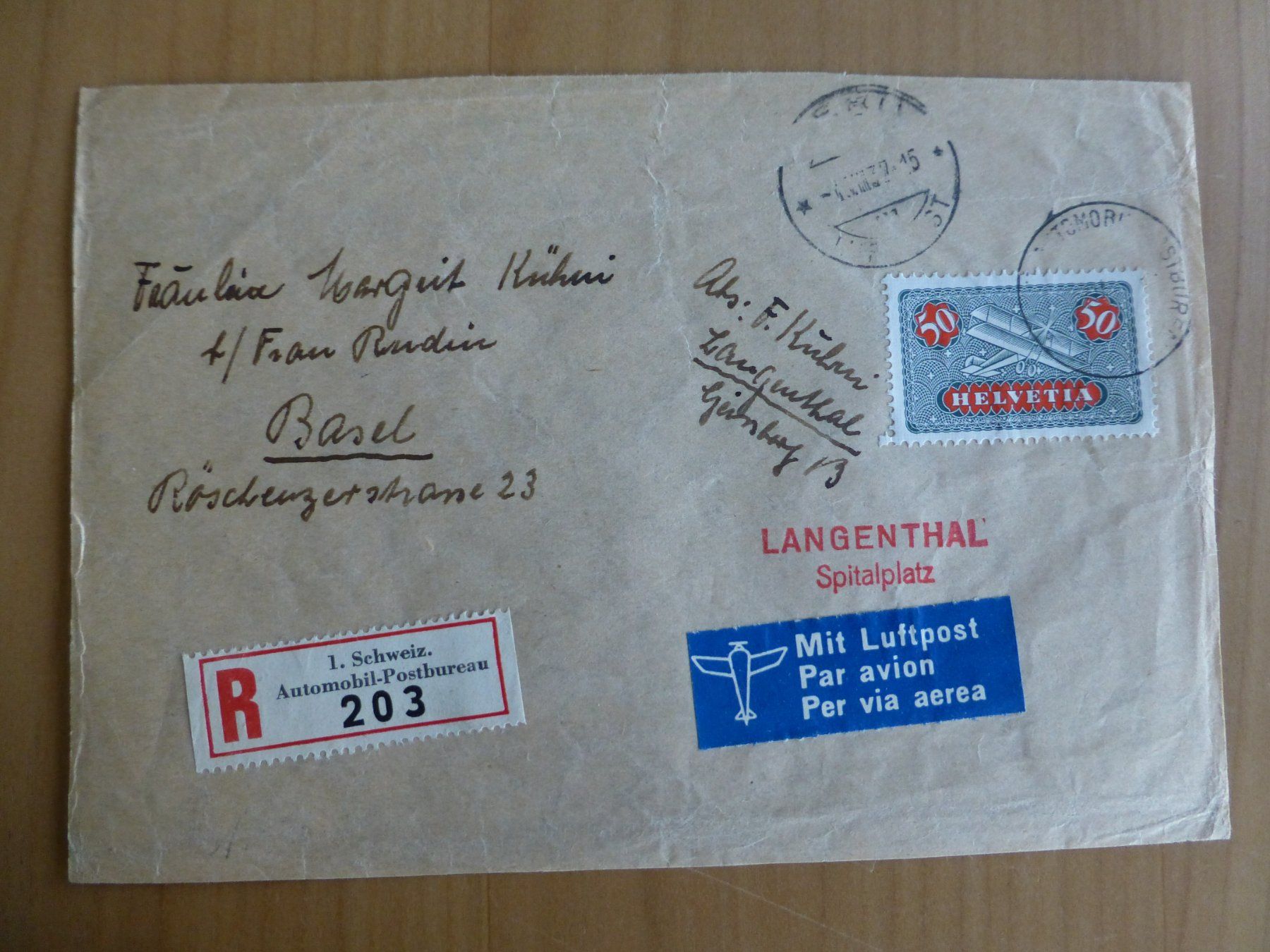 Alle Briefmarken: Luftpost Briefstück 1937 – Gebraucht aus Bettlach von 1saurer
