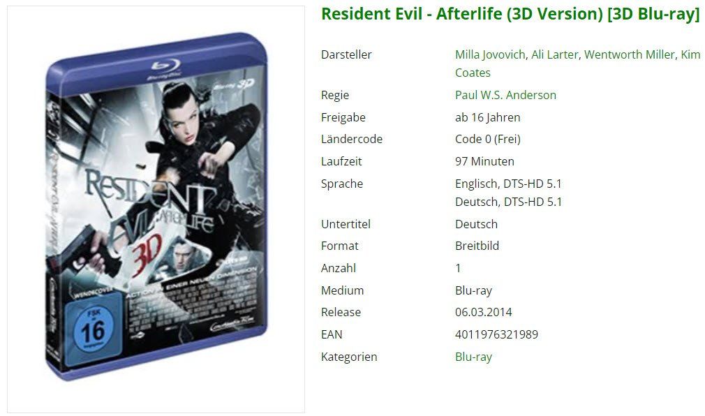 Tutti i DVDs: Resident Evil - Afterlife (2D + 3D Blu-ray) – Usato da Emmetten venduto da SVollenweider