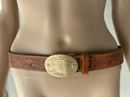 Western Belt Leather Brown Embossed Pattern Good Condition