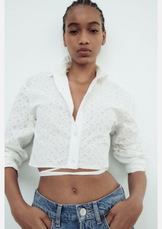 Zara Women’s White Cropped Shirt With Cut work Embroidery