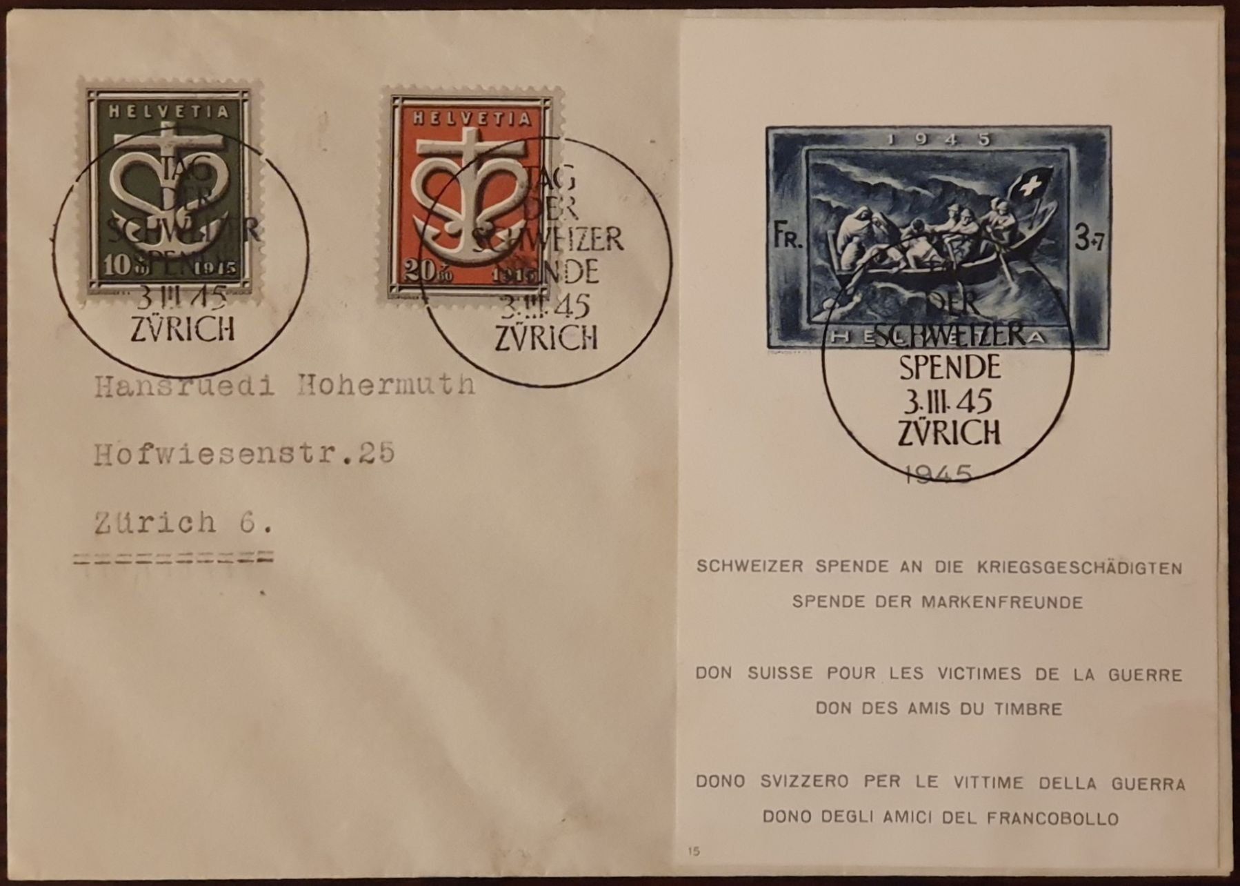 Alle Briefmarken: W19-W21Spendeblock auf Brief Kat. 300.- – Gebraucht aus Fislisbach von Zigzag12