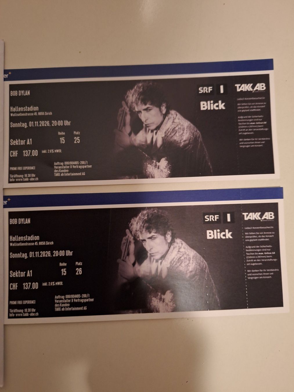 Biglietti: BOB DYLAN,SektorA1, Reihe 15, Platz 25 + 26 – Nuovo e nell'imballaggio originale da Niederscherli venduto da Mkochen