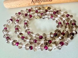 Feine Vintage Edelsteinkette Granat & Rauchquarz Silber 925