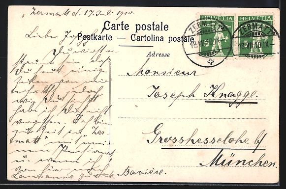 Cartoline postali: AK Zermatt, Châlets und Mischabel, 1910 – Usato da Berlin venduto da bartko-reher 1