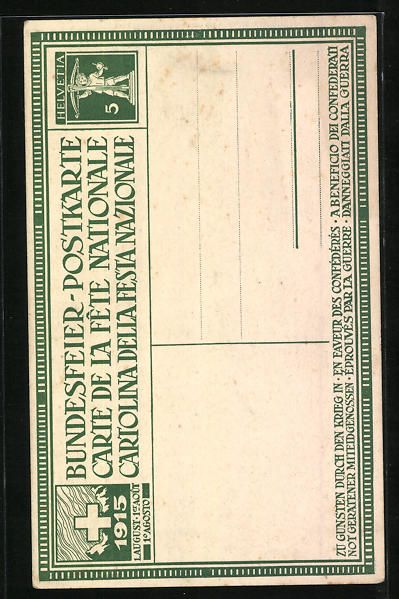 Cartoline postali: Schweizer Bundesfeier 1915, Denkmal mit  – Usato da Berlin venduto da bartko-reher 1