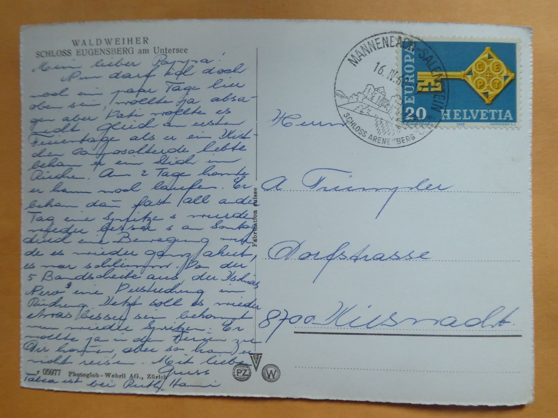 Cartoline postali: 1968  Waldweiher, Schloss Eugensberg am Untersee – Usato da Zürich venduto da Chaeffeler 1