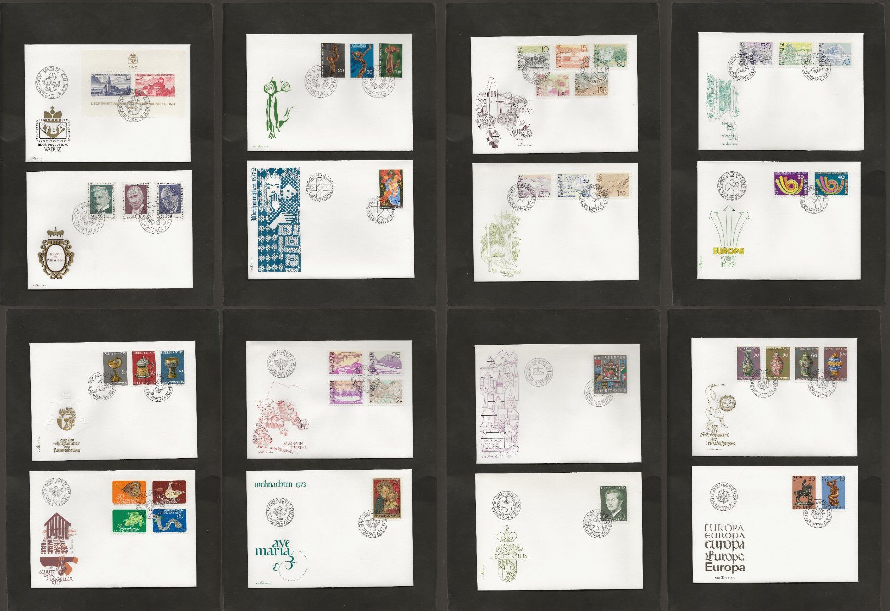Tutti i francobolli: 16 FDC Liechtenstein 1972 bis 1974 – Usato da Au ZH venduto da xelagreb01