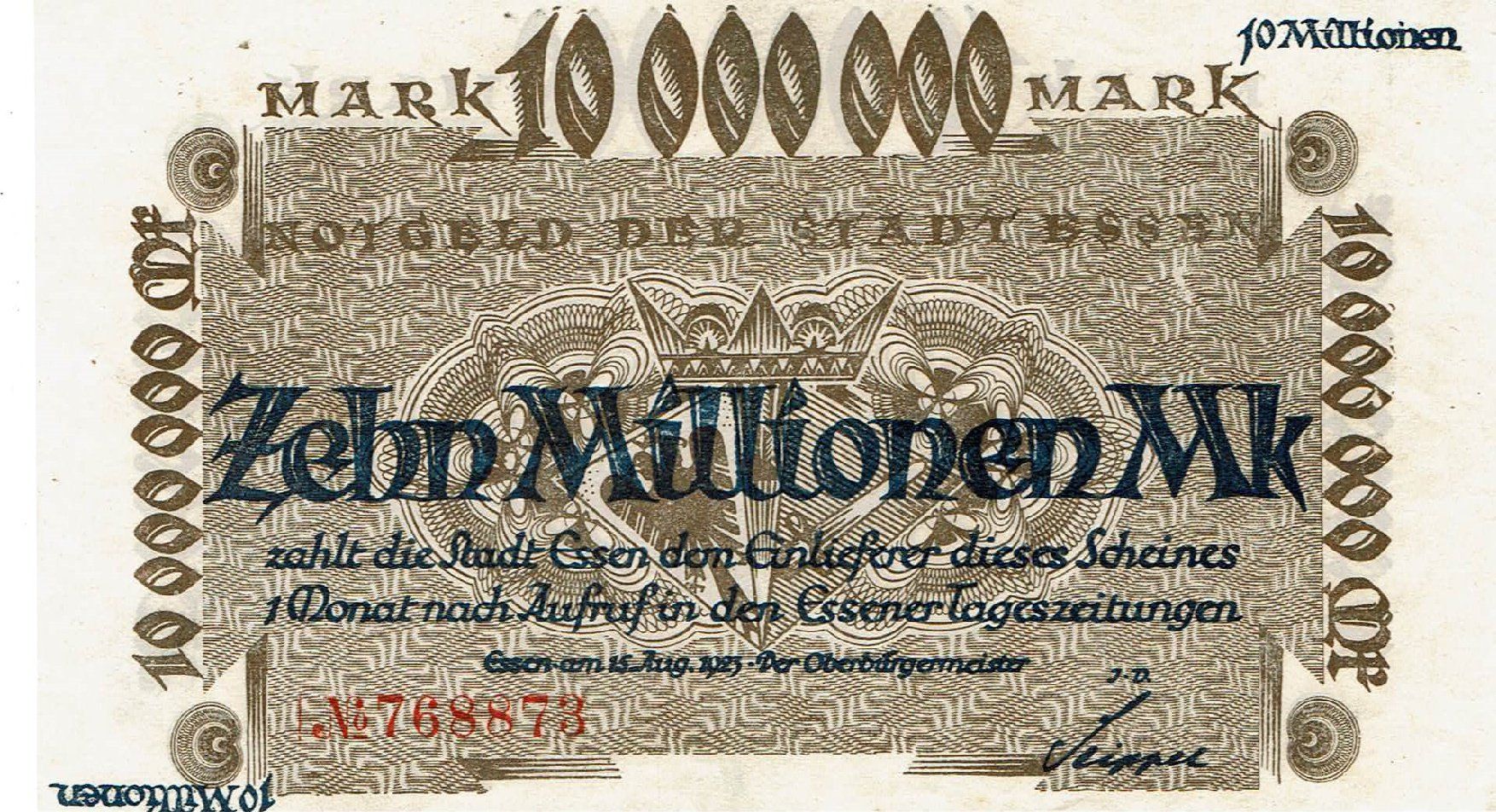 Banconote: Essen 10 Mil. Mark 15.08.1923 VZ++ – Usato da Steffisburg venduto da ber_8htf
