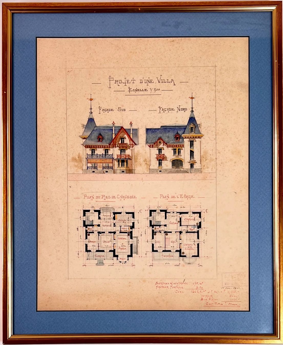 Dipinti: CH.PHILIPPIN DESSIN D'ARCHITECTURE "PROJET D'UNE VILLA" – Usato da Genève venduto da aic_p8ld