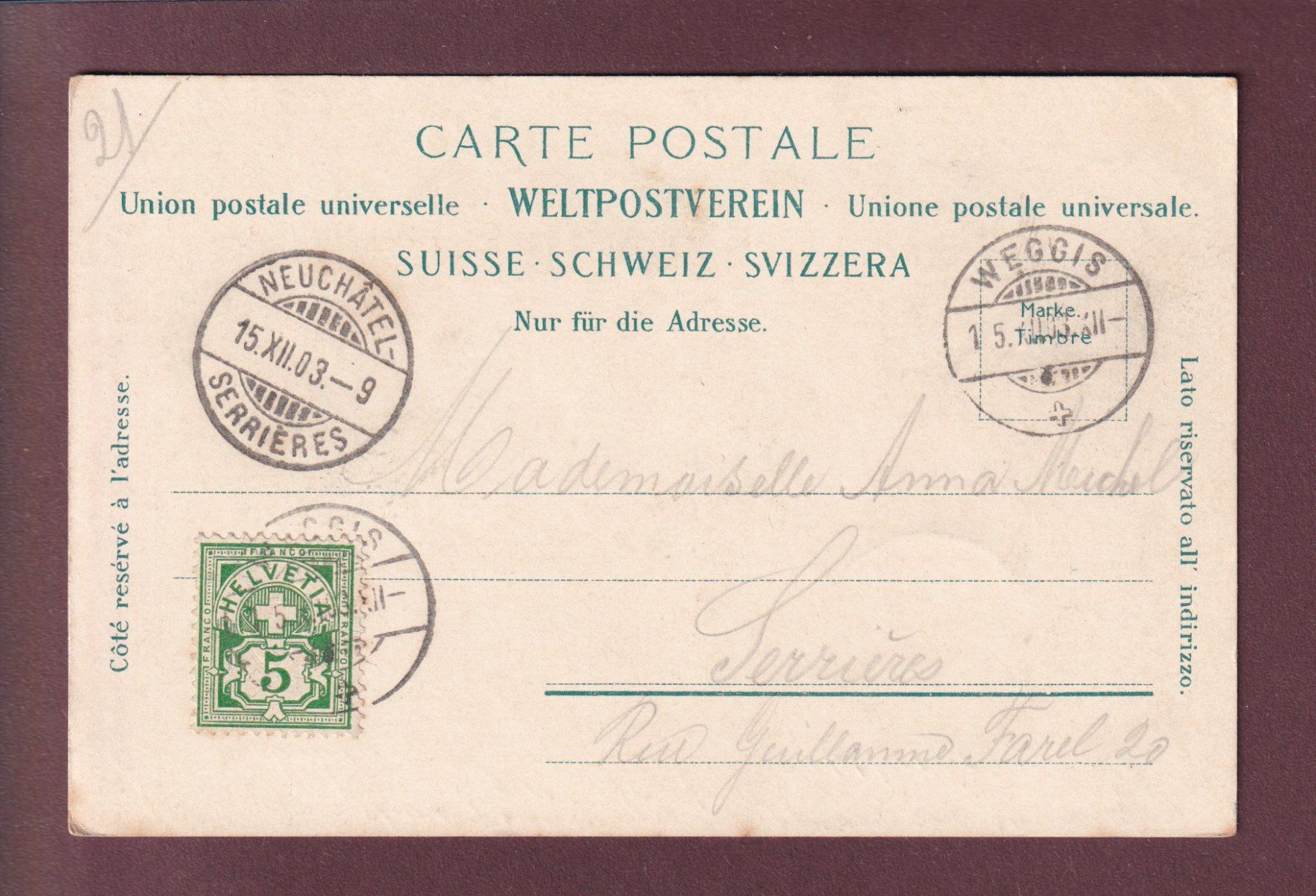 Cartoline postali: WEGGIS - 1903 – Usato da Pully venduto da nicecards 1