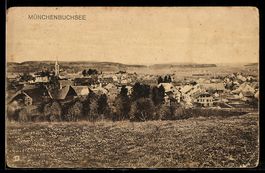 AK Münchenbuchsee, Ortsansicht mit Kirche und Feldern