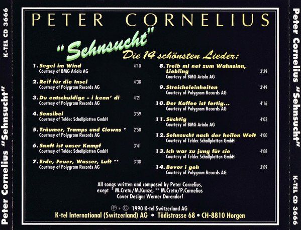 CD: CD Peter Cornelius - Sehnsucht/14 lieder (1990) – Usato da Möriken AG venduto da mineralia 1