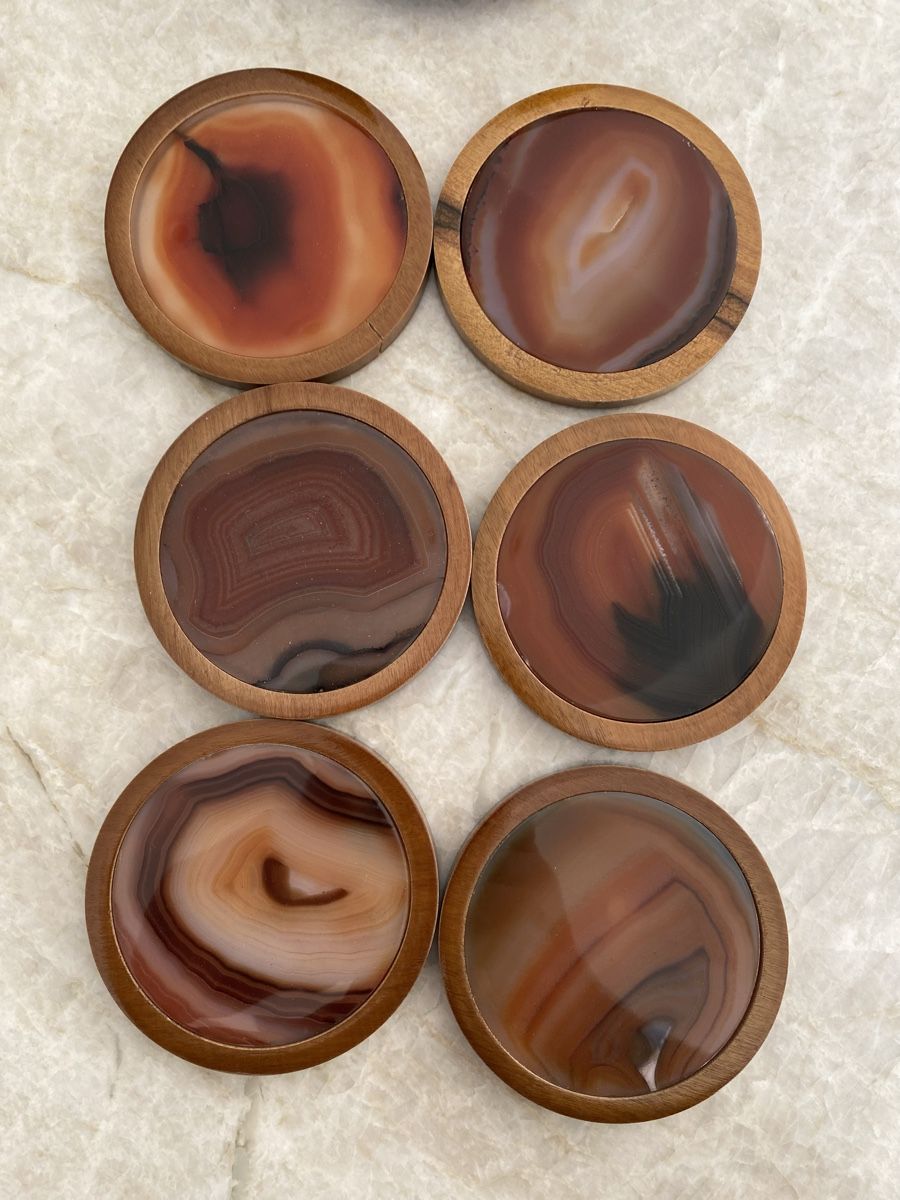 Untersetzer: 6 Dessous de verre en agate et bois avec support – Gebraucht aus Gland von  2