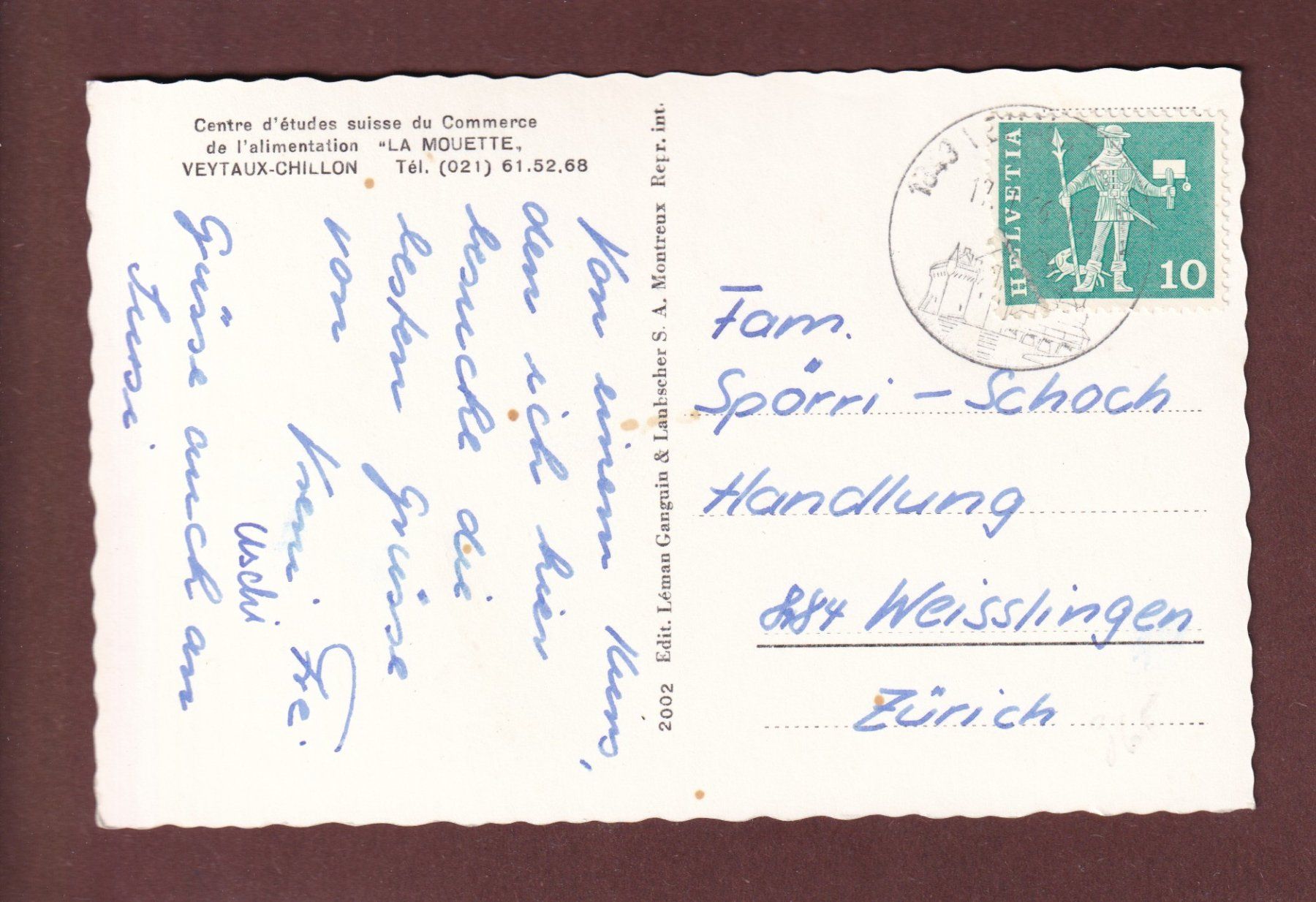 Cartoline postali: VEYTAUX - La Mouette - 1966 – Usato da Pully venduto da nicecards-shop 1
