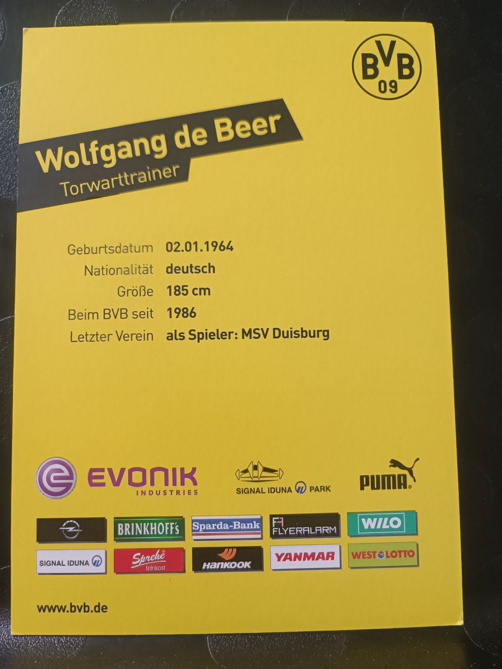 Autogramme: Wolfgang de Beer - BVB - †2024 - Handsigniert – Gebraucht aus Menziken von Artographs 1