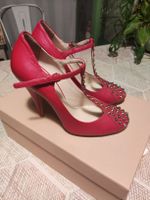 Miu Miu Red Studded T-Strap Heels Sz 36.5
