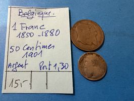 BELGIQUE : 1 FRANC (1850-1880) + 50 CENTIMES 1901 - ARGENT
