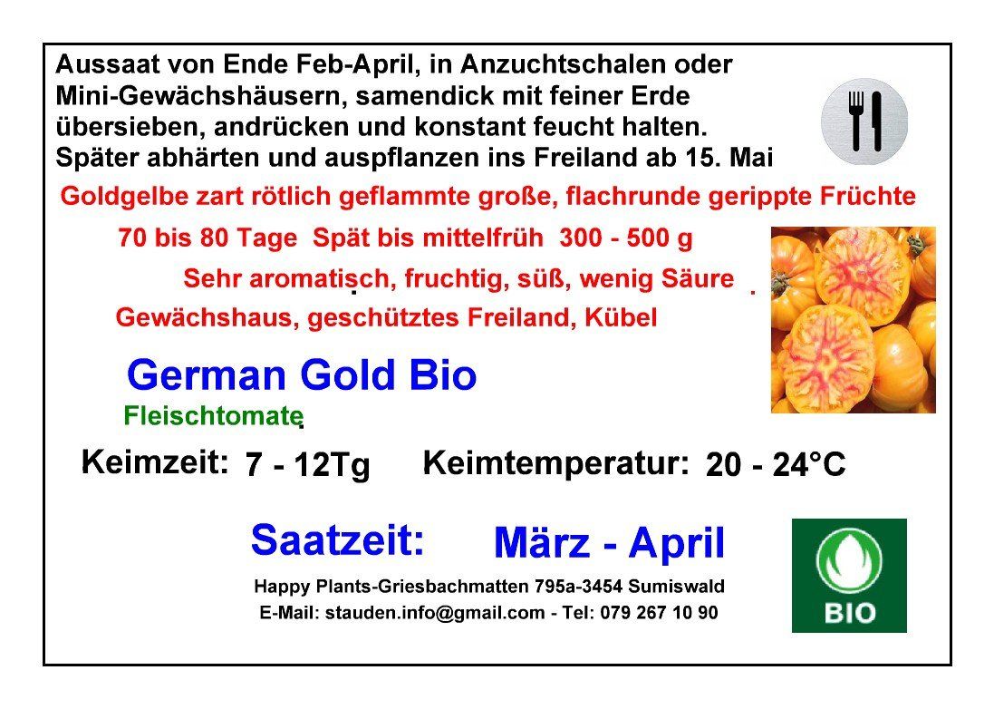 Pflanzen & Samen: German Gold BIO - Fleischtomate - 15 Samen – Neu und originalverpackt aus Sumiswald von Cham14559 2
