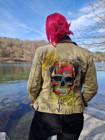 Stoffjacke Tom Tailor Gr.M grün handmade Skull Kunst Damen