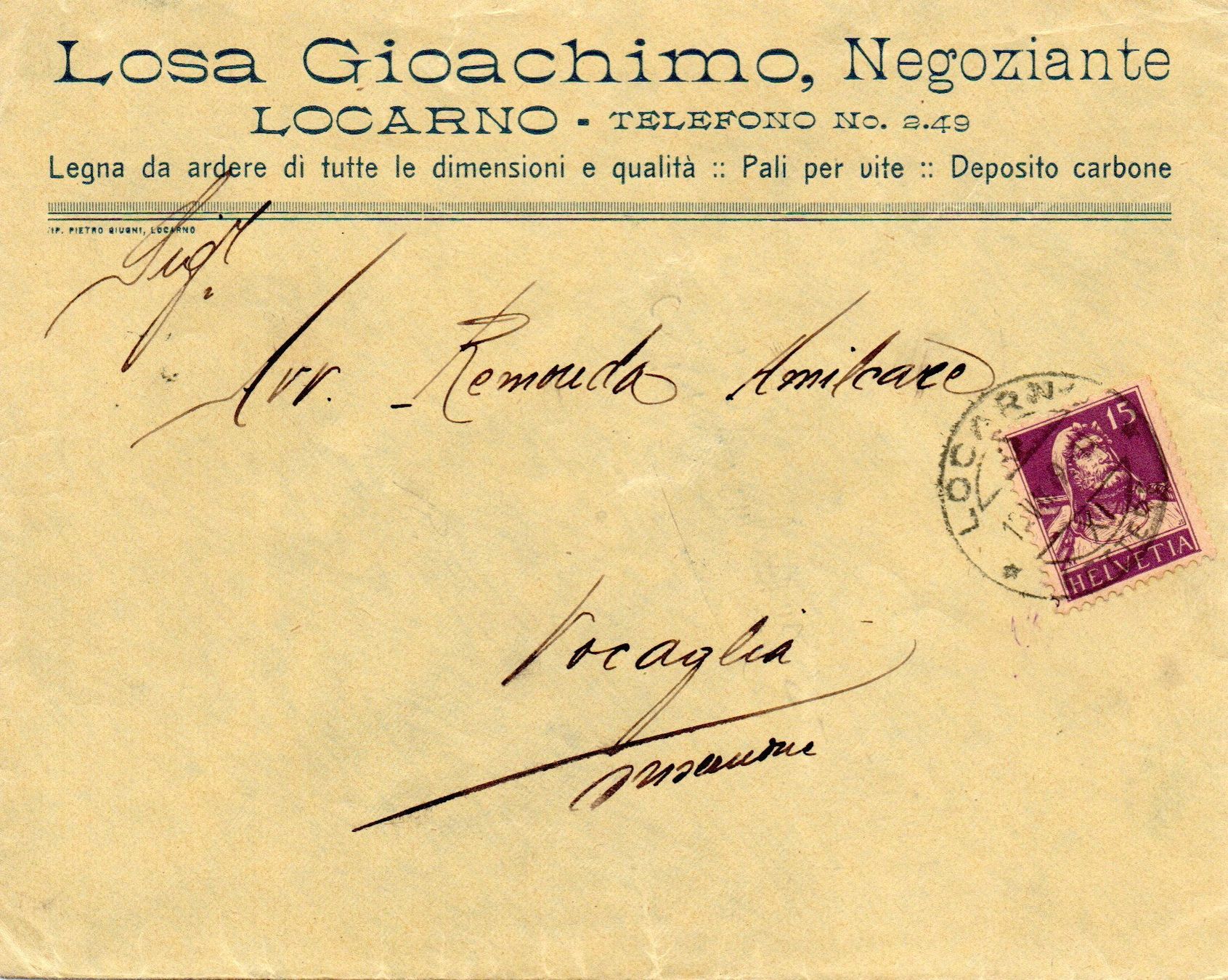 Tutti i francobolli: Losa Gioachimo,Negoziante - Locarno – Usato da Melano venduto da pisonsdro