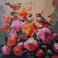 Vögel & Rosen Acryl Gemälde, 44 x 45 cm.