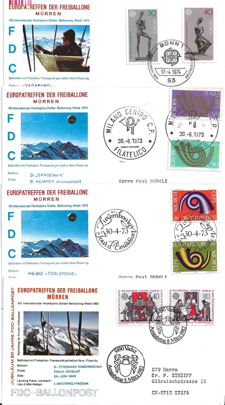 Alle Briefmarken: 4 Ballon-Briefe (Mürren – Gebraucht aus Zürich von Philacat11