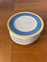 12 Dessertteller weiss mit gelbem und blauem Rand