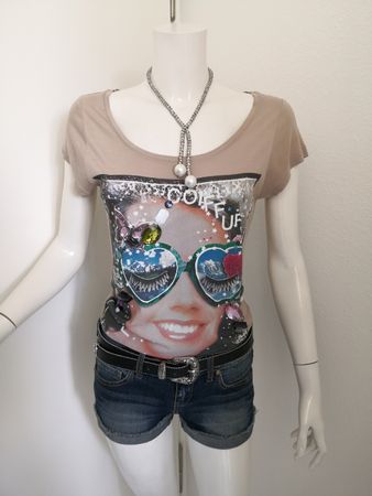 🤩MANGO T-SHIRT BEIGE & DRUCK & STEINEN