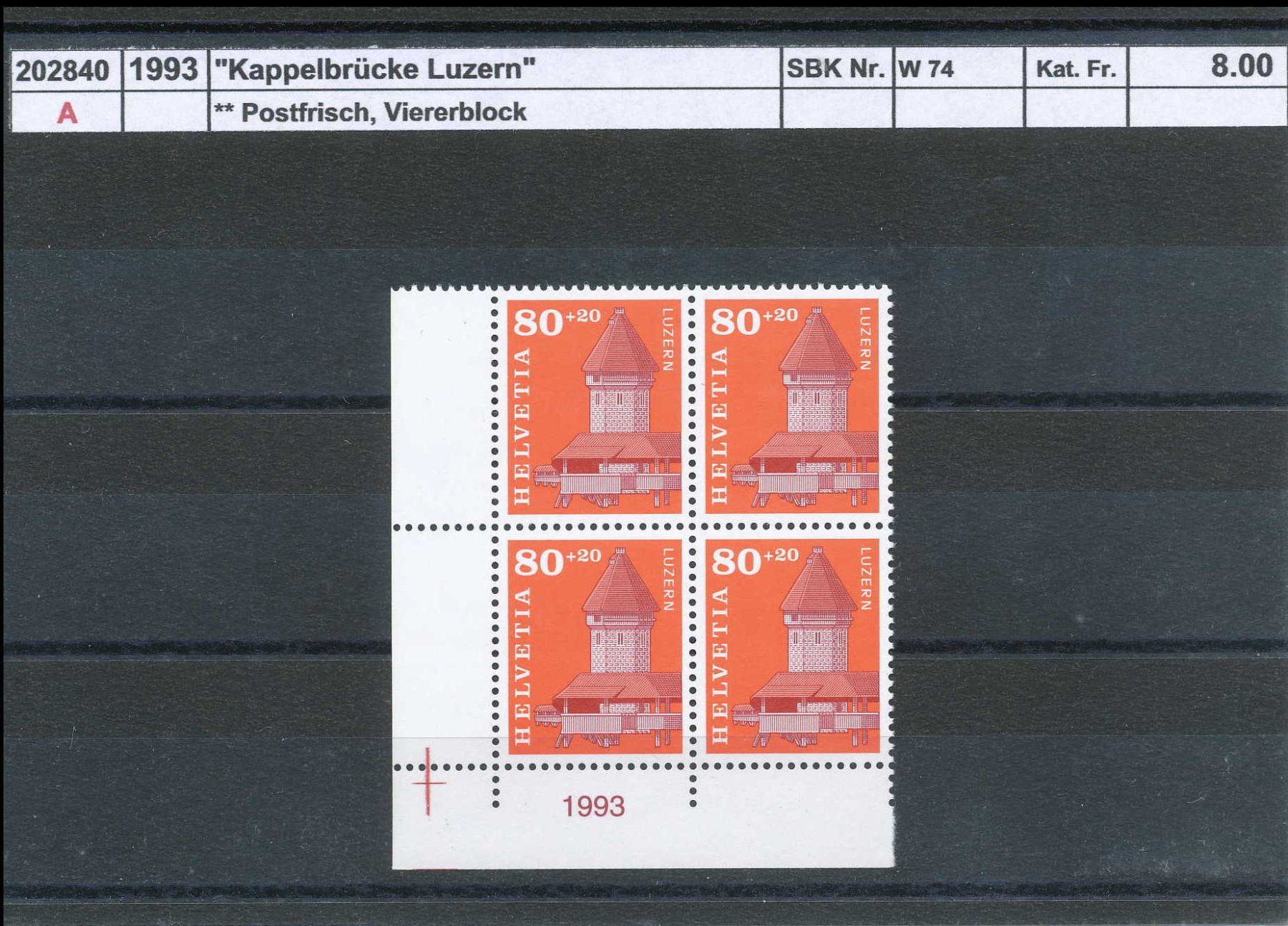Tutti i francobolli: 1993 "Kappelbrücke - Luzern" - Viererblock, ** postfrisch – Nuovo (secondo la descrizione) da Winterthur venduto da Zupogeru