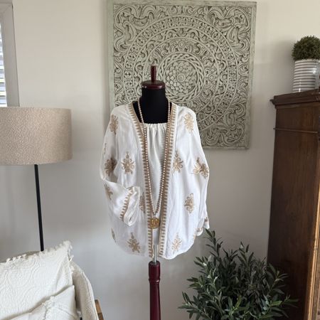 100% Leinen Jacke / Blazer weiss Stickerei beige L