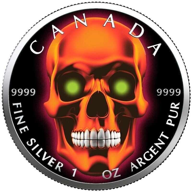 Tutti le monete: Orange Fire Skull 2023 Maple Leaf 1 OZ SILBER -COLOR EDIT – Nuovo (secondo la descrizione) da Wetzikon ZH venduto da Nicki6