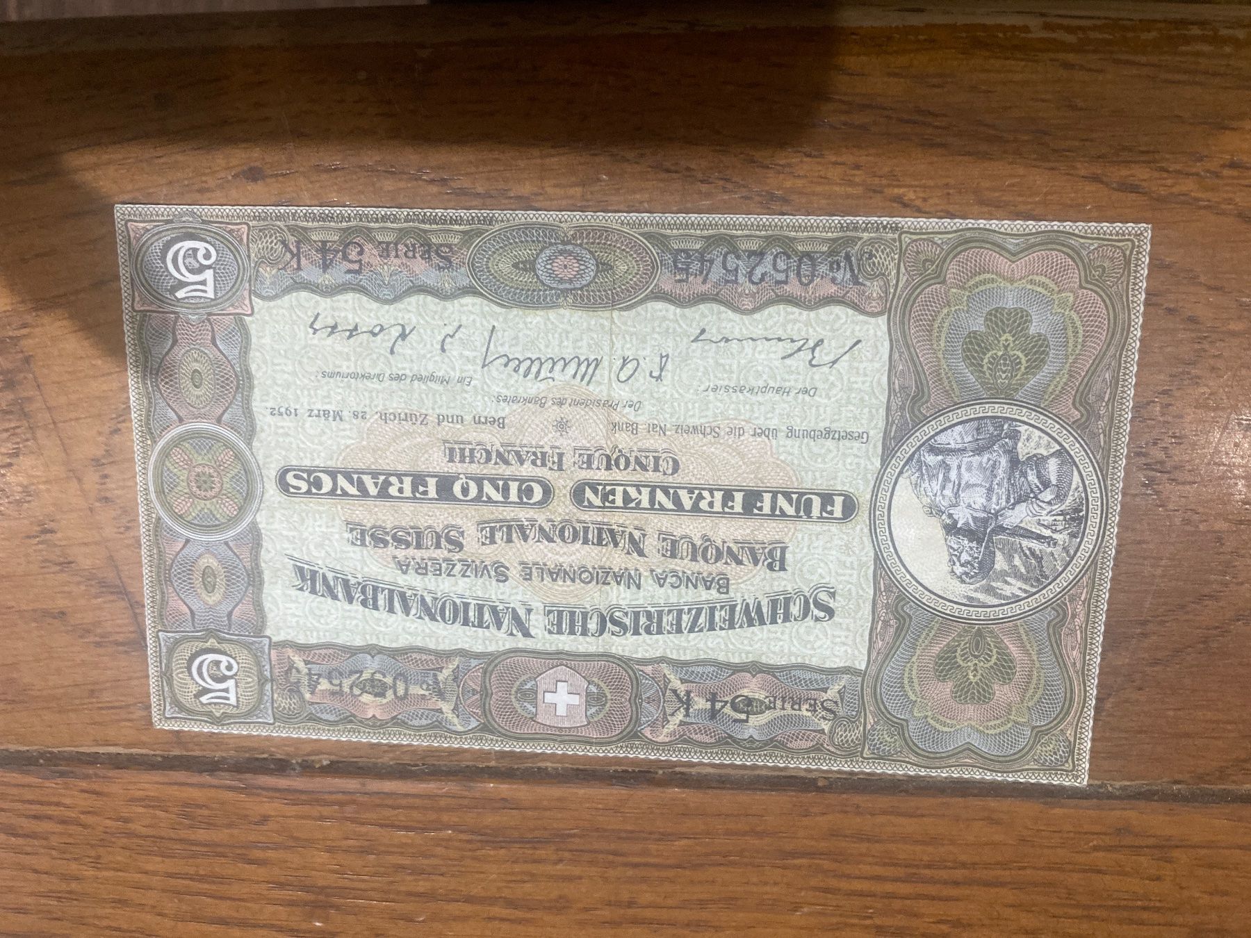 Banconote: Billet suisse 5fr 28 mars 1952 – Usato da Lajoux JU venduto da Briard0