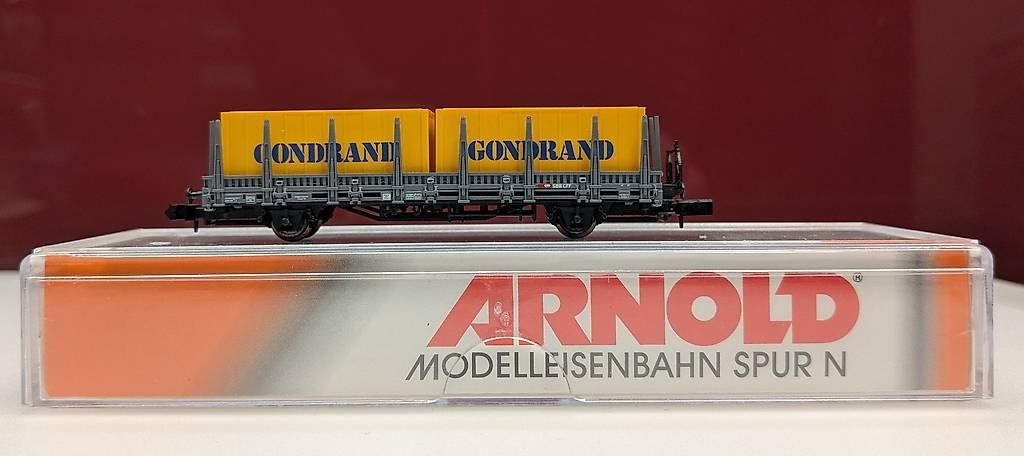 Arnold Modellini di ferrovie: Spur N Rungenwagen mit 2 Container "GONDRAND" – Usato da Reinach BL venduto da angus74
