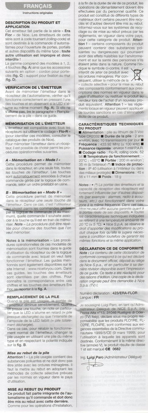 Télécommandes: Télécommande Nice Era-Flor – D'occasion à Misery par qualista63 2