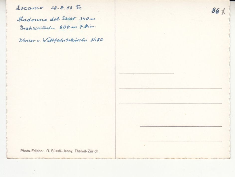 Cartoline postali: Madonna del Sasso 1953 – Usato da Bürglen TG venduto da StampGraf 1