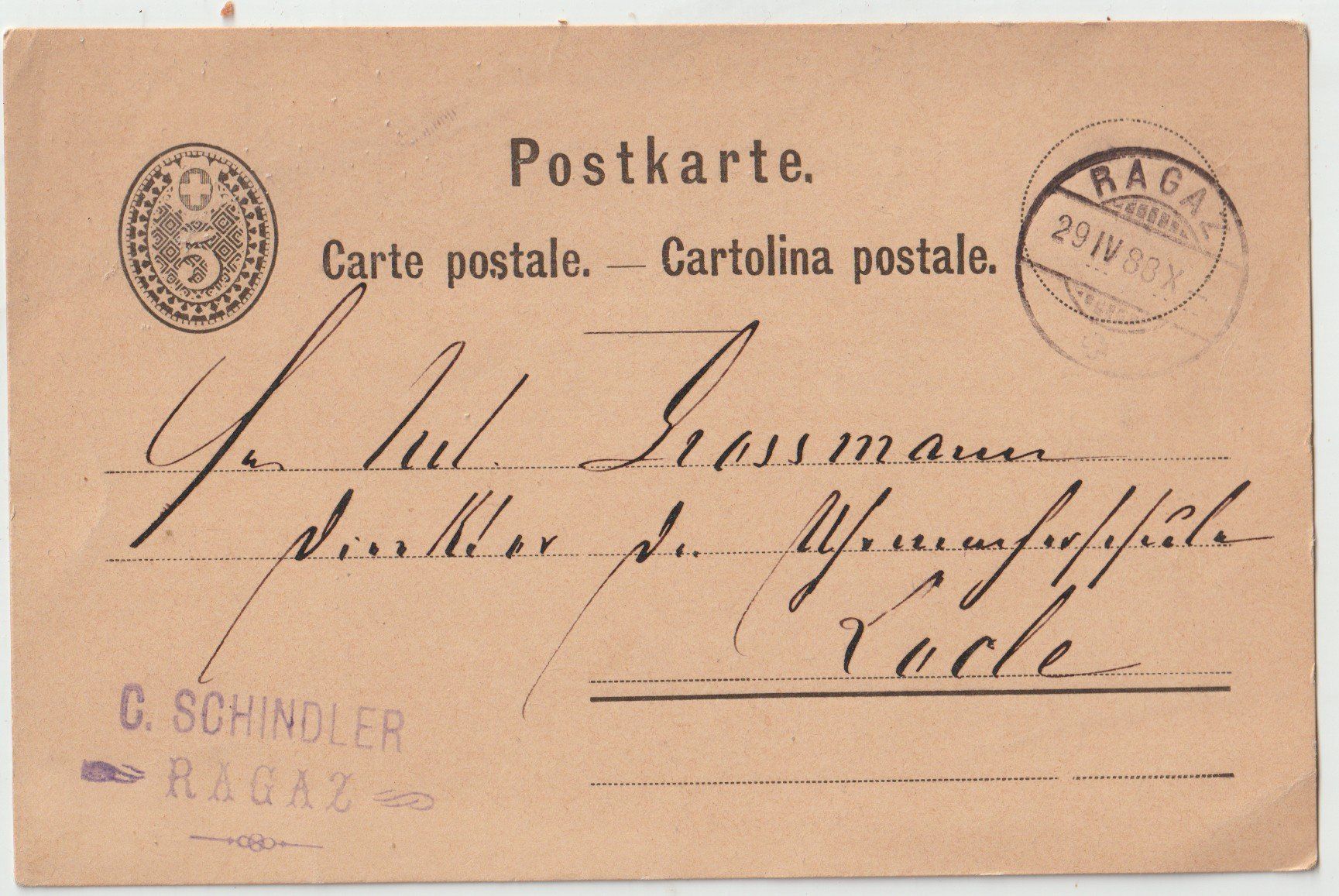 Tutti i francobolli: Entier Postal 1888 Oblitération Ragaz – Usato da Biel/Bienne venduto da Destockweb