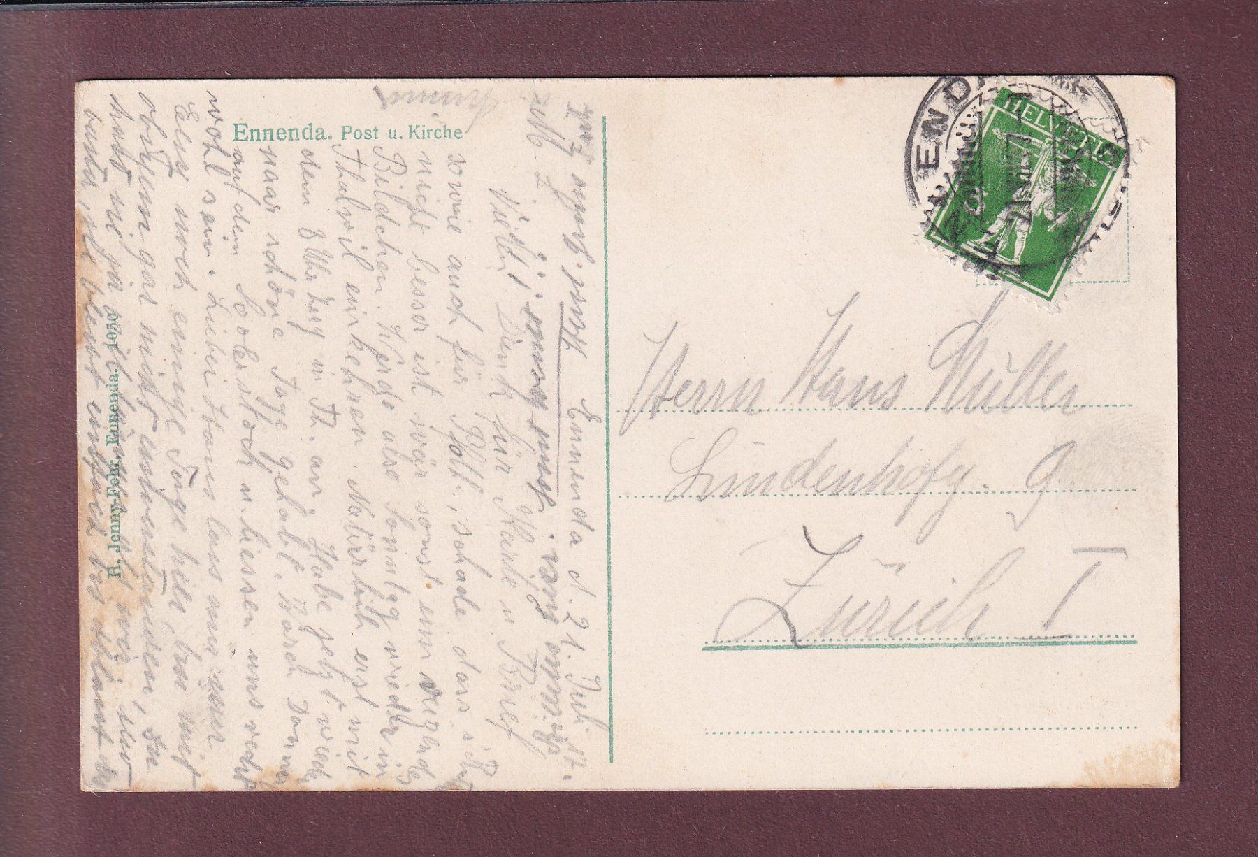 Cartoline postali: ENNENDA - Post - Kirche - 1917 – Usato da Pully venduto da nicecards 1