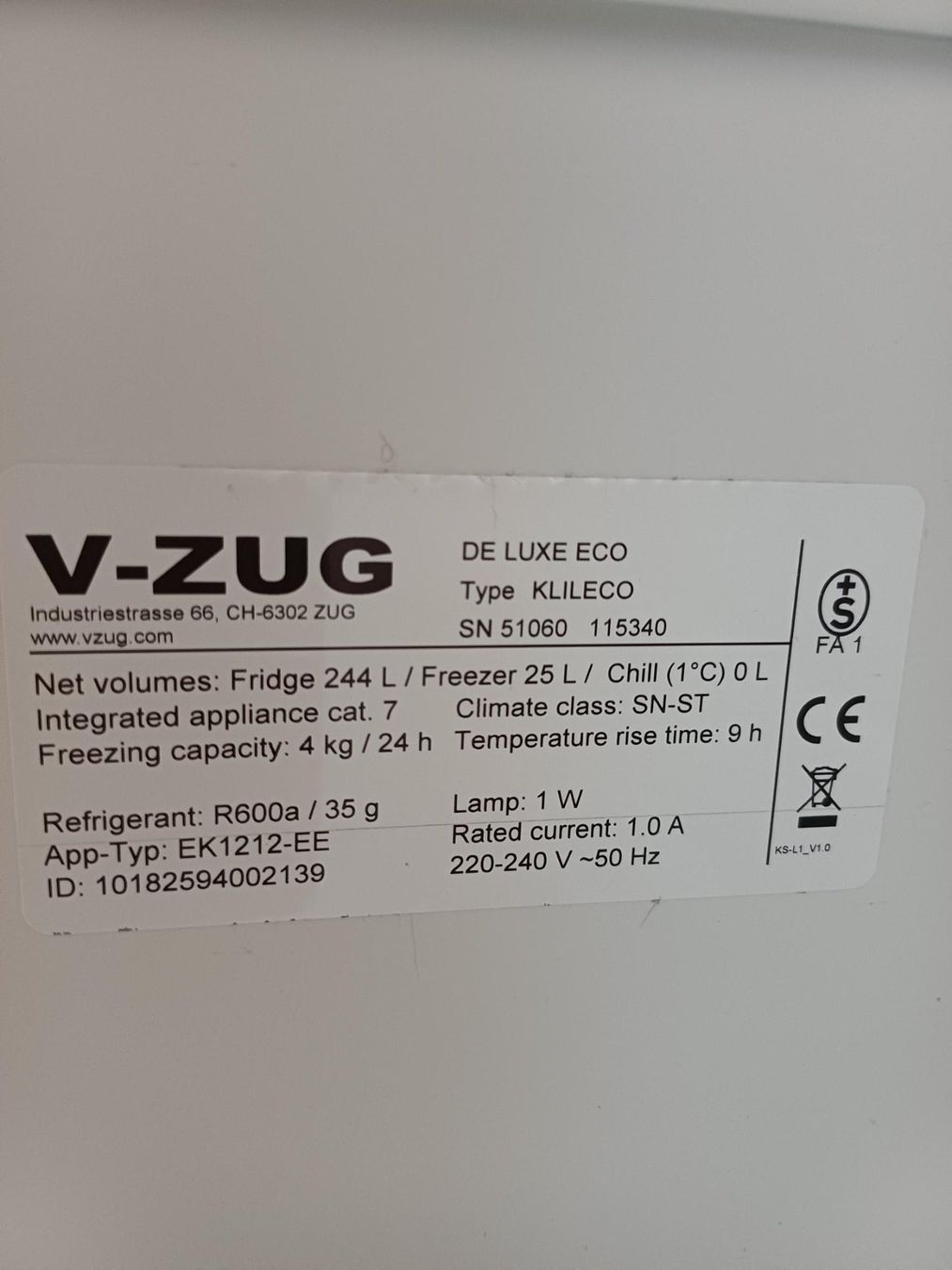 Réfrigérateurs: Kühlschrank V-Zug Einbau – D'occasion à Ebertswil par Cello11 1
