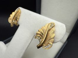 Vintage Ohrringe Blatt Strass GoldenFarbe