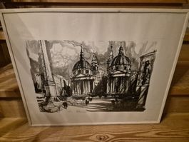 Originale Tuschezeichnung, Rom-Motiv, signiert, gerahmt