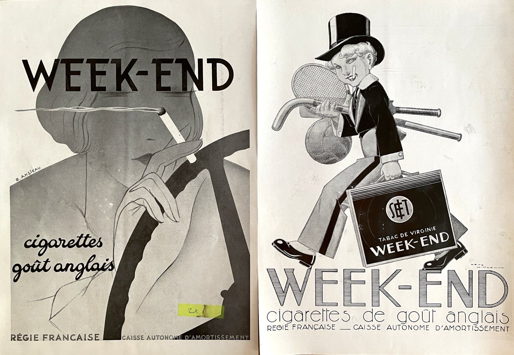 Grafica & Litografie: Week-End Cigarettes - 2 alte Werbungen 1933/35 – Usato da Savagnier venduto da Ne2065 1
