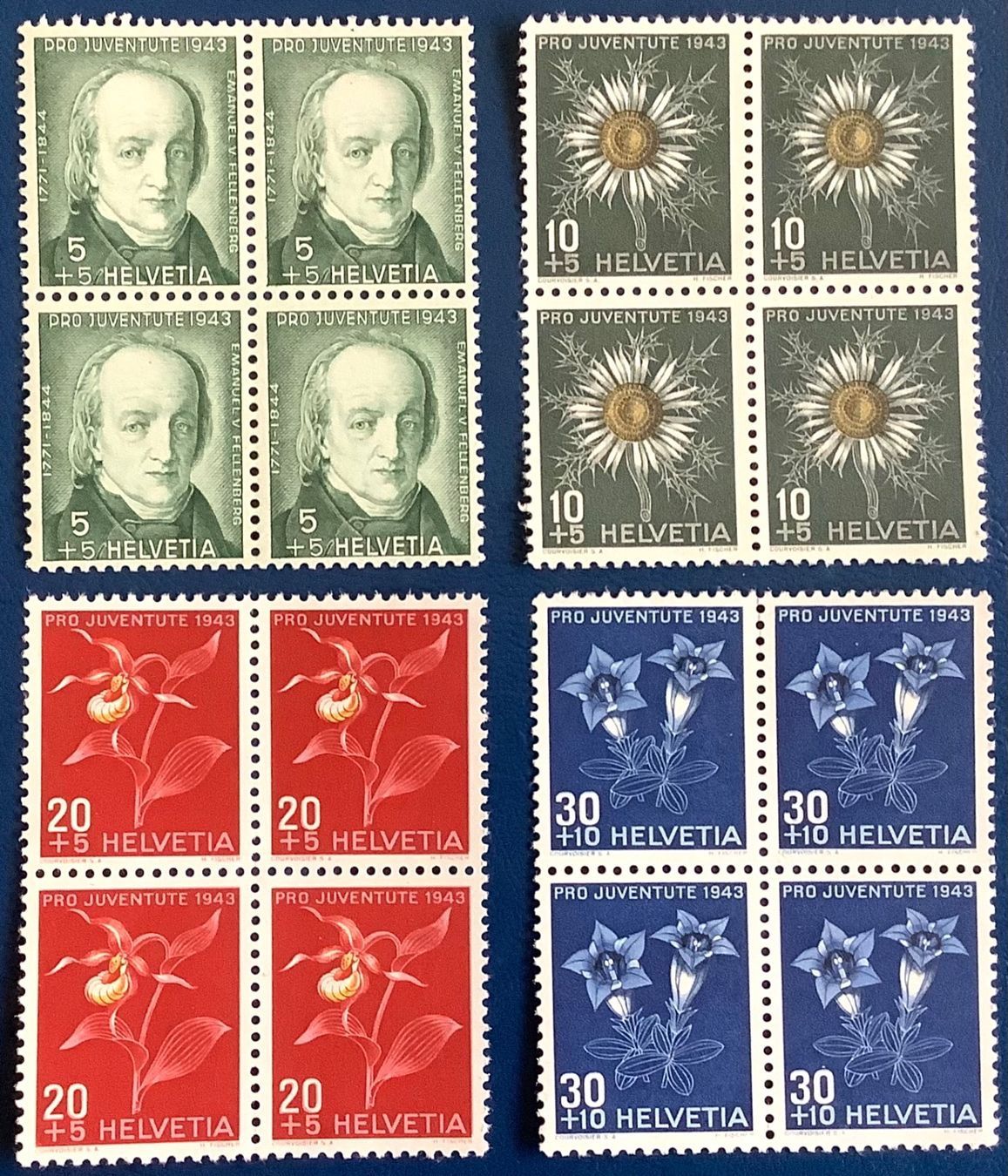 Alle Briefmarken: 1943 /  Pro Juventute Viererblock Satz ** – Neu (gemäss Beschreibung) aus Liestal von Pep3