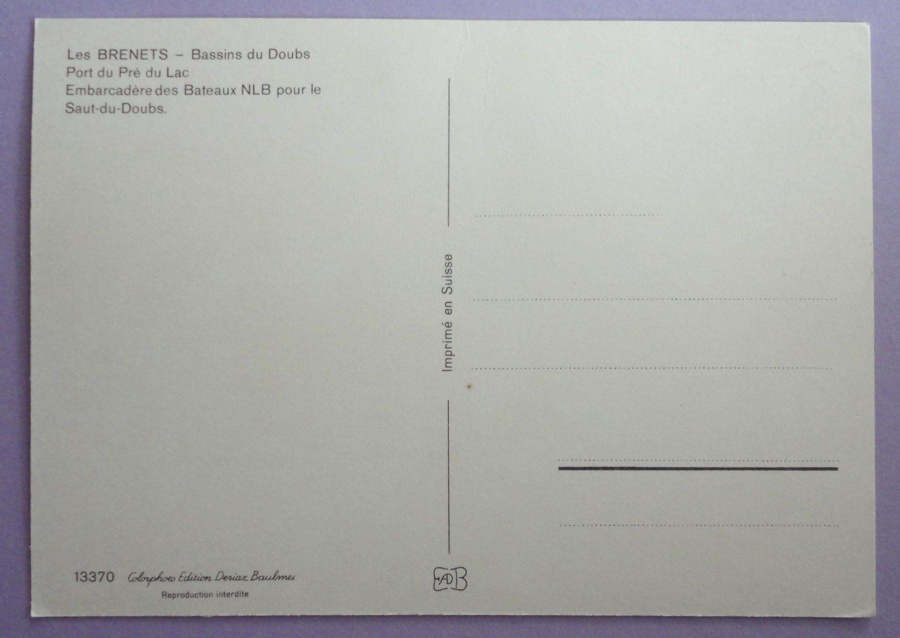 Cartoline postali: Les Brenets - Port du Pré du Lac – Usato da Fétigny venduto da Billy2miny 1